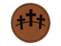 Three Crosses Round Iron-On Engraved Faux Leather Patch Applique - 2.5"