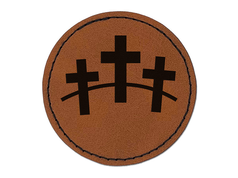 Three Crosses Round Iron-On Engraved Faux Leather Patch Applique - 2.5"