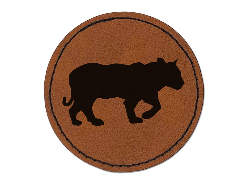 Tiger Walking Solid Round Iron-On Engraved Faux Leather Patch Applique - 2.5"