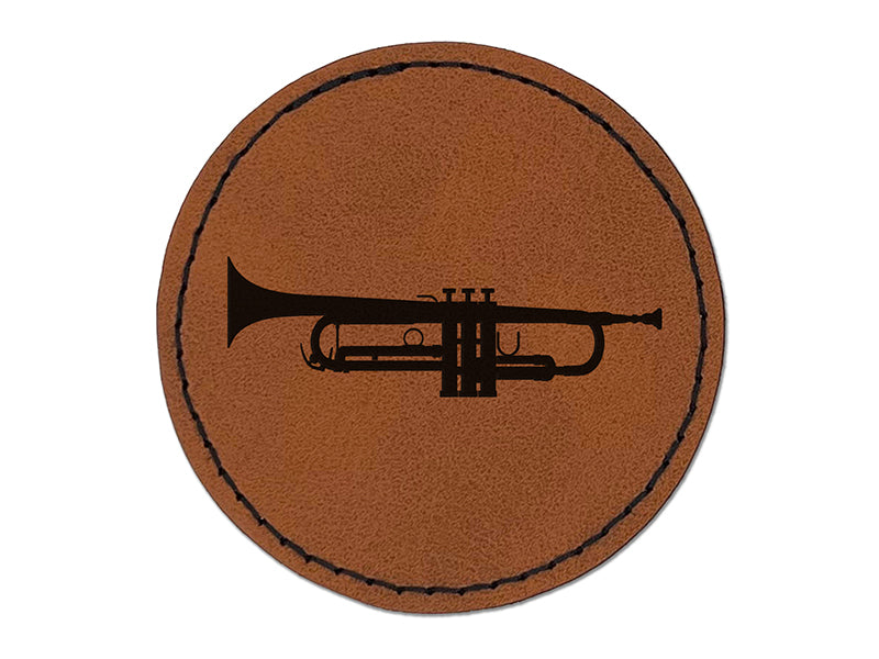 Trumpet Music Instrument Silhouette Round Iron-On Engraved Faux Leather Patch Applique - 2.5"