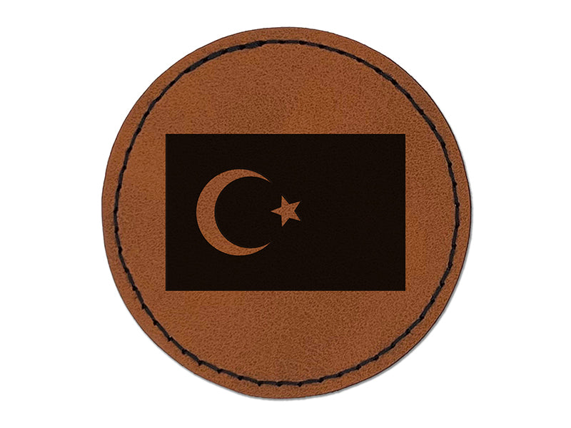 Turkey Flag Round Iron-On Engraved Faux Leather Patch Applique - 2.5"