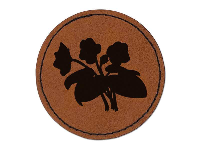 Violets Flowers Solid Round Iron-On Engraved Faux Leather Patch Applique - 2.5"