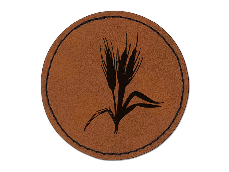 Wheat Stem Round Iron-On Engraved Faux Leather Patch Applique - 2.5"
