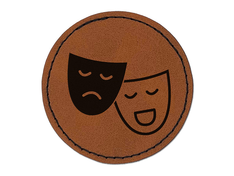 Acting Comedy Drama Masks Theater Carnival Round Iron-On Engraved Faux Leather Patch Applique - 2.5"