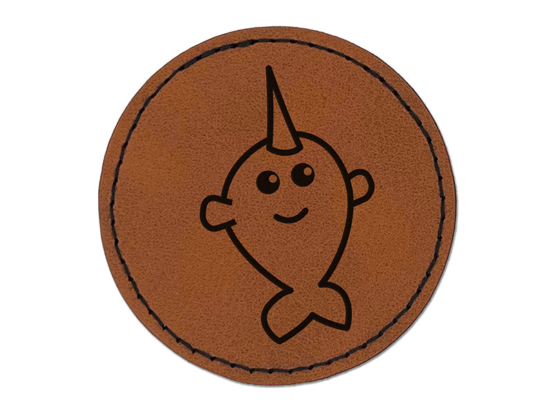 Adorable Narwhal Kawaii Doodle Round Iron-On Engraved Faux Leather Patch Applique - 2.5"