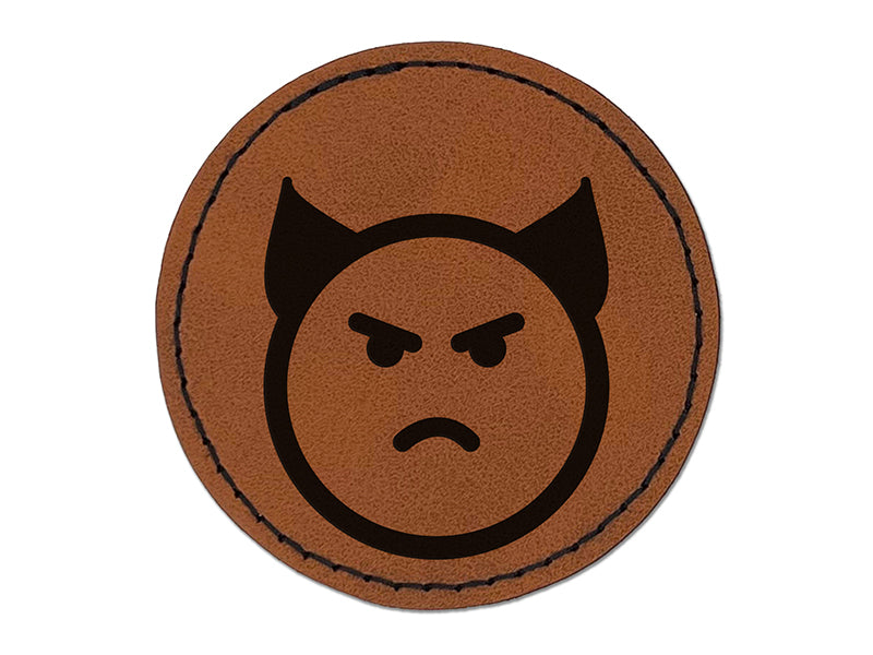 Angry Devil Face Emoticon Round Iron-On Engraved Faux Leather Patch Applique - 2.5"