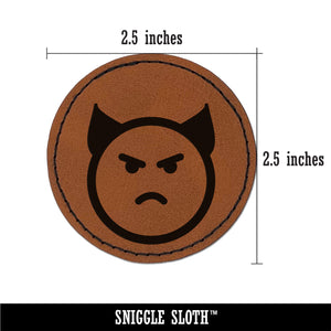 Angry Devil Face Emoticon Round Iron-On Engraved Faux Leather Patch Applique - 2.5"