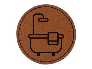Bathtub Shower with Towel Outline Round Iron-On Engraved Faux Leather Patch Applique - 2.5"