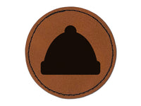 Beanie Winter Hat Round Iron-On Engraved Faux Leather Patch Applique - 2.5"