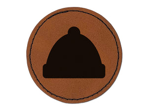 Beanie Winter Hat Round Iron-On Engraved Faux Leather Patch Applique - 2.5"