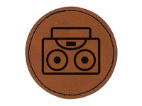 Boom Box Radio Round Iron-On Engraved Faux Leather Patch Applique - 2.5"