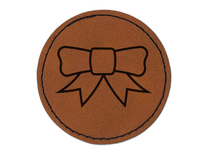 Bow Ribbon Outline Round Iron-On Engraved Faux Leather Patch Applique - 2.5"
