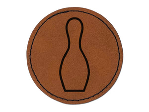 Bowling Pin Outline Round Iron-On Engraved Faux Leather Patch Applique - 2.5"