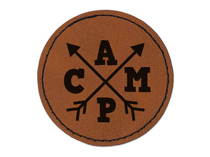 Camp Stylized with Arrows Round Iron-On Engraved Faux Leather Patch Applique - 2.5"