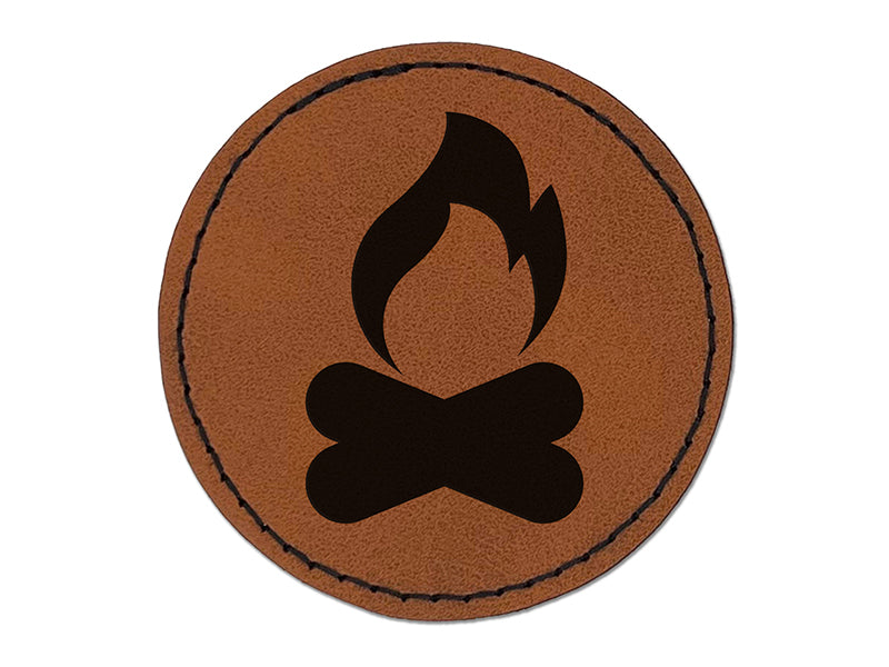 Campfire Fire Symbol Round Iron-On Engraved Faux Leather Patch Applique - 2.5"