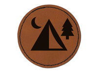 Camping Tent Campsite Round Iron-On Engraved Faux Leather Patch Applique - 2.5"