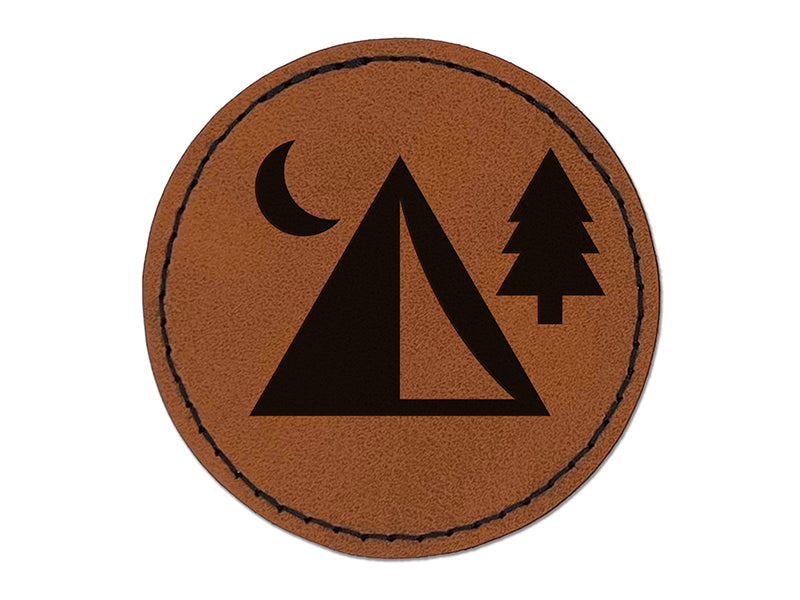 Camping Tent Campsite Round Iron-On Engraved Faux Leather Patch Applique - 2.5"