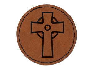 Celtic Cross Simple Outline Round Iron-On Engraved Faux Leather Patch Applique - 2.5"