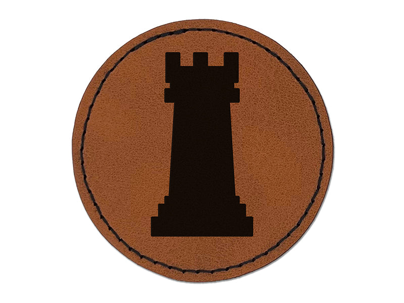 Chess Rook Piece Round Iron-On Engraved Faux Leather Patch Applique - 2.5"