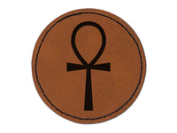 Coptic Cross Ankh Egyptian Hieroglyphic Round Iron-On Engraved Faux Leather Patch Applique - 2.5"