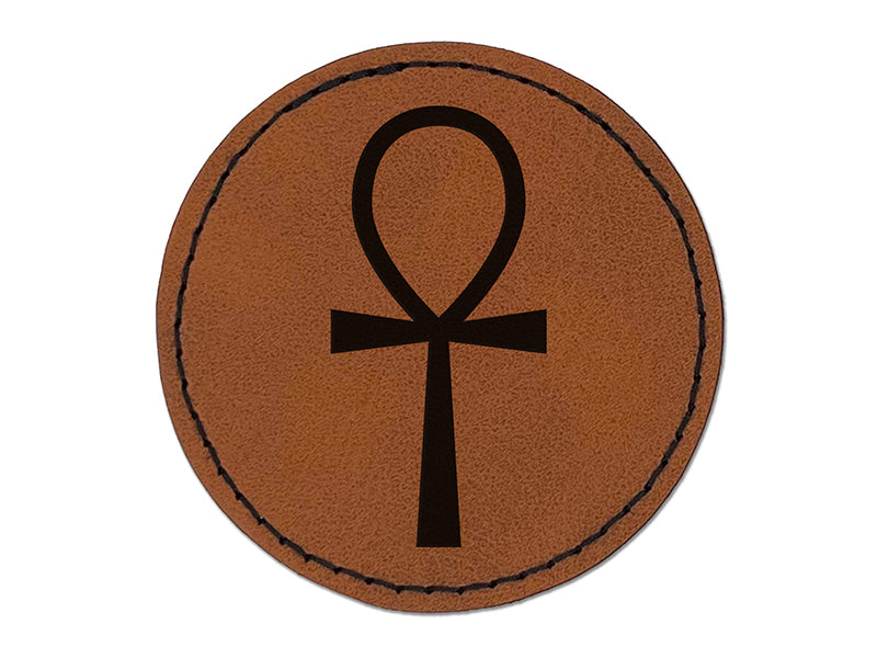 Coptic Cross Ankh Egyptian Hieroglyphic Round Iron-On Engraved Faux Leather Patch Applique - 2.5"