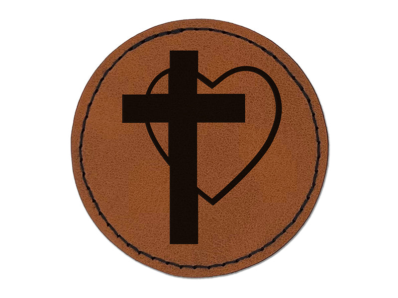 Cross and Heart Love Christian Round Iron-On Engraved Faux Leather Patch Applique - 2.5"