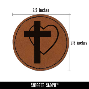 Cross and Heart Love Christian Round Iron-On Engraved Faux Leather Patch Applique - 2.5"