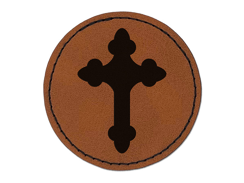 Cross Doodle Christian Round Iron-On Engraved Faux Leather Patch Applique - 2.5"