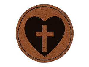 Cross in Heart Christian Round Iron-On Engraved Faux Leather Patch Applique - 2.5"