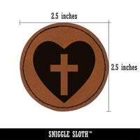 Cross in Heart Christian Round Iron-On Engraved Faux Leather Patch Applique - 2.5"