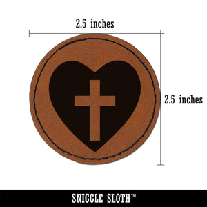 Cross in Heart Christian Round Iron-On Engraved Faux Leather Patch Applique - 2.5"