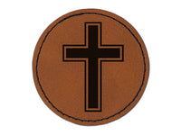 Cross with Outline Christian Round Iron-On Engraved Faux Leather Patch Applique - 2.5"