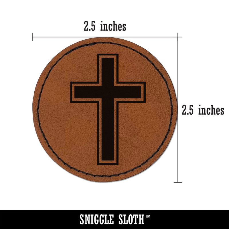 Cross with Outline Christian Round Iron-On Engraved Faux Leather Patch Applique - 2.5"