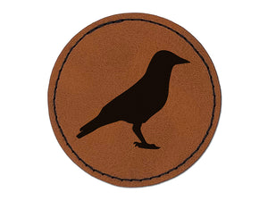 Crow Solid Round Iron-On Engraved Faux Leather Patch Applique - 2.5"