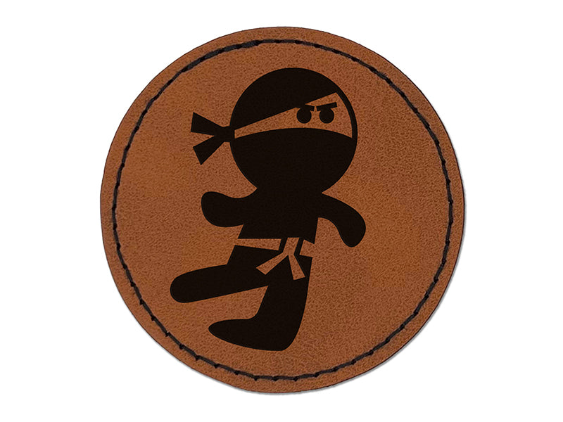 Cute Fighting Ninja Round Iron-On Engraved Faux Leather Patch Applique - 2.5"