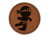 Cute Fighting Ninja Round Iron-On Engraved Faux Leather Patch Applique - 2.5"