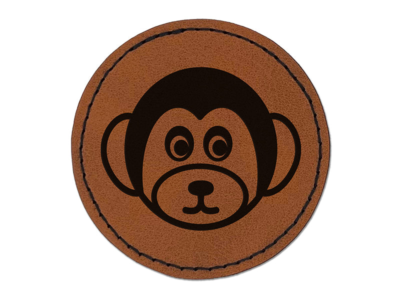 Cute Monkey Face Round Iron-On Engraved Faux Leather Patch Applique - 2.5"
