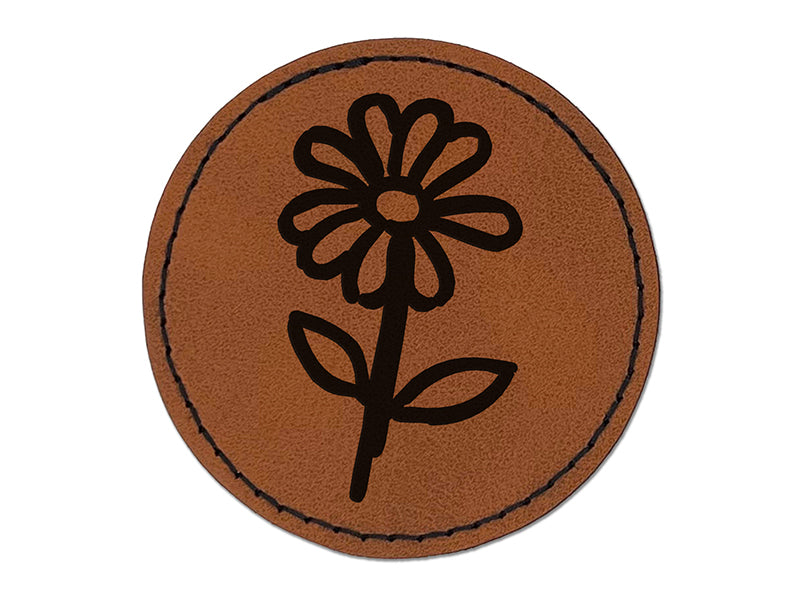 Daisy Flower Sketch Round Iron-On Engraved Faux Leather Patch Applique - 2.5"