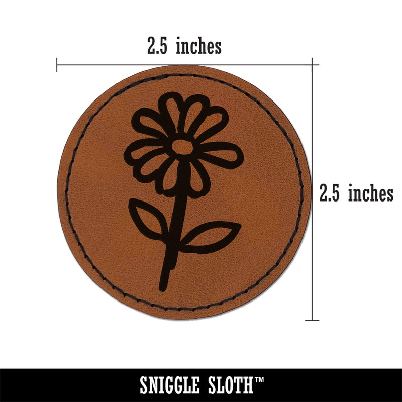 Daisy Flower Sketch Round Iron-On Engraved Faux Leather Patch Applique - 2.5"