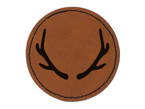 Deer Antlers Round Iron-On Engraved Faux Leather Patch Applique - 2.5"