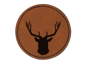 Deer Stag Head Solid Round Iron-On Engraved Faux Leather Patch Applique - 2.5"