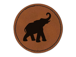 Elephant Trumpeting Solid Round Iron-On Engraved Faux Leather Patch Applique - 2.5"