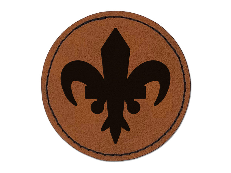 Fleur De Lis French Mardi Gras Solid Round Iron-On Engraved Faux Leather Patch Applique - 2.5"