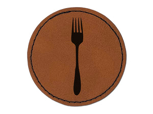 Fork Solid Utensil Eating Sketch Round Iron-On Engraved Faux Leather Patch Applique - 2.5"