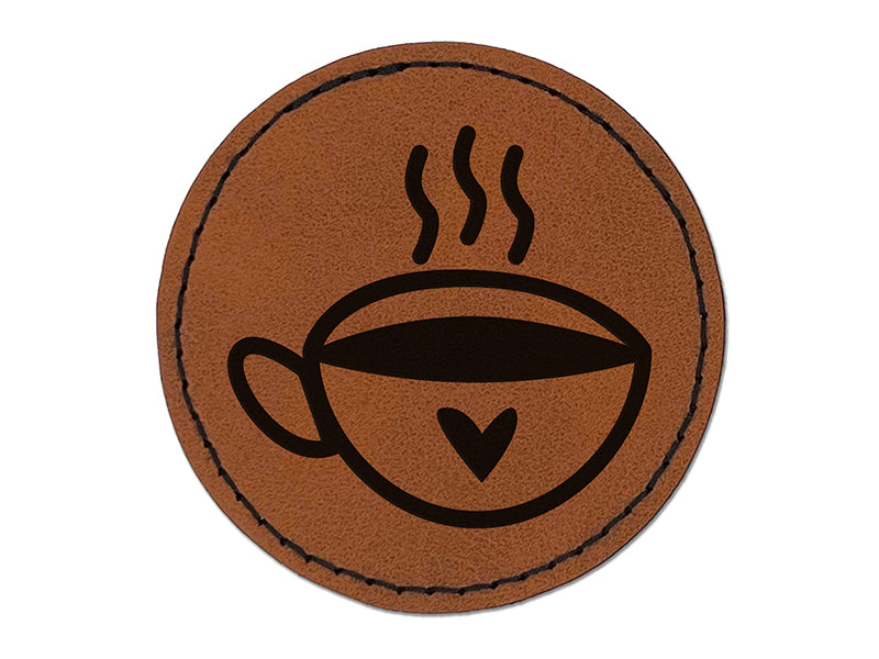 Fun Cup of Tea Coffee with Heart Round Iron-On Engraved Faux Leather Patch Applique - 2.5"