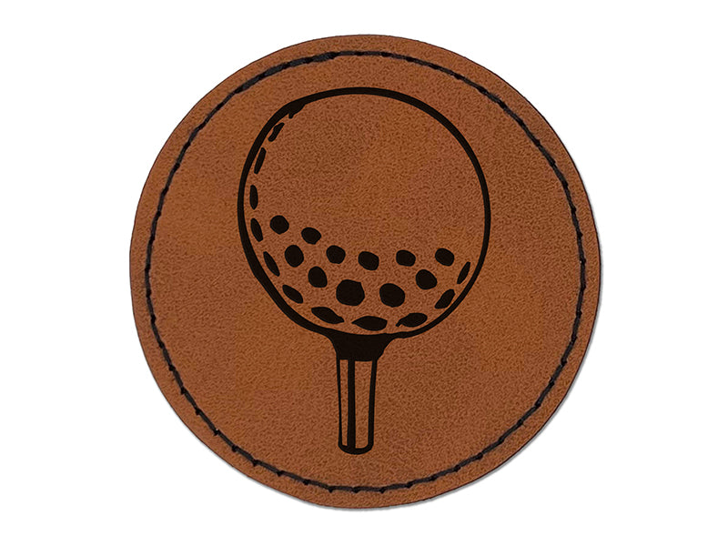 Golf Ball on Tee Round Iron-On Engraved Faux Leather Patch Applique - 2.5"