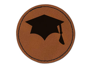 Graduation Cap Solid Round Iron-On Engraved Faux Leather Patch Applique - 2.5"