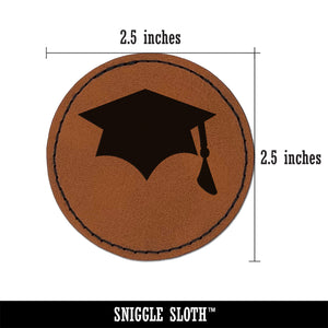 Graduation Cap Solid Round Iron-On Engraved Faux Leather Patch Applique - 2.5"