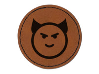 Happy Devil Face Emoticon Round Iron-On Engraved Faux Leather Patch Applique - 2.5"
