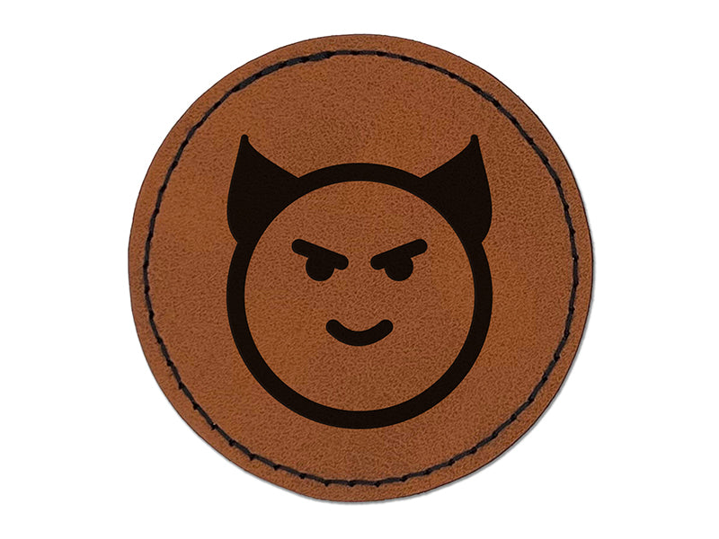 Happy Devil Face Emoticon Round Iron-On Engraved Faux Leather Patch Applique - 2.5"